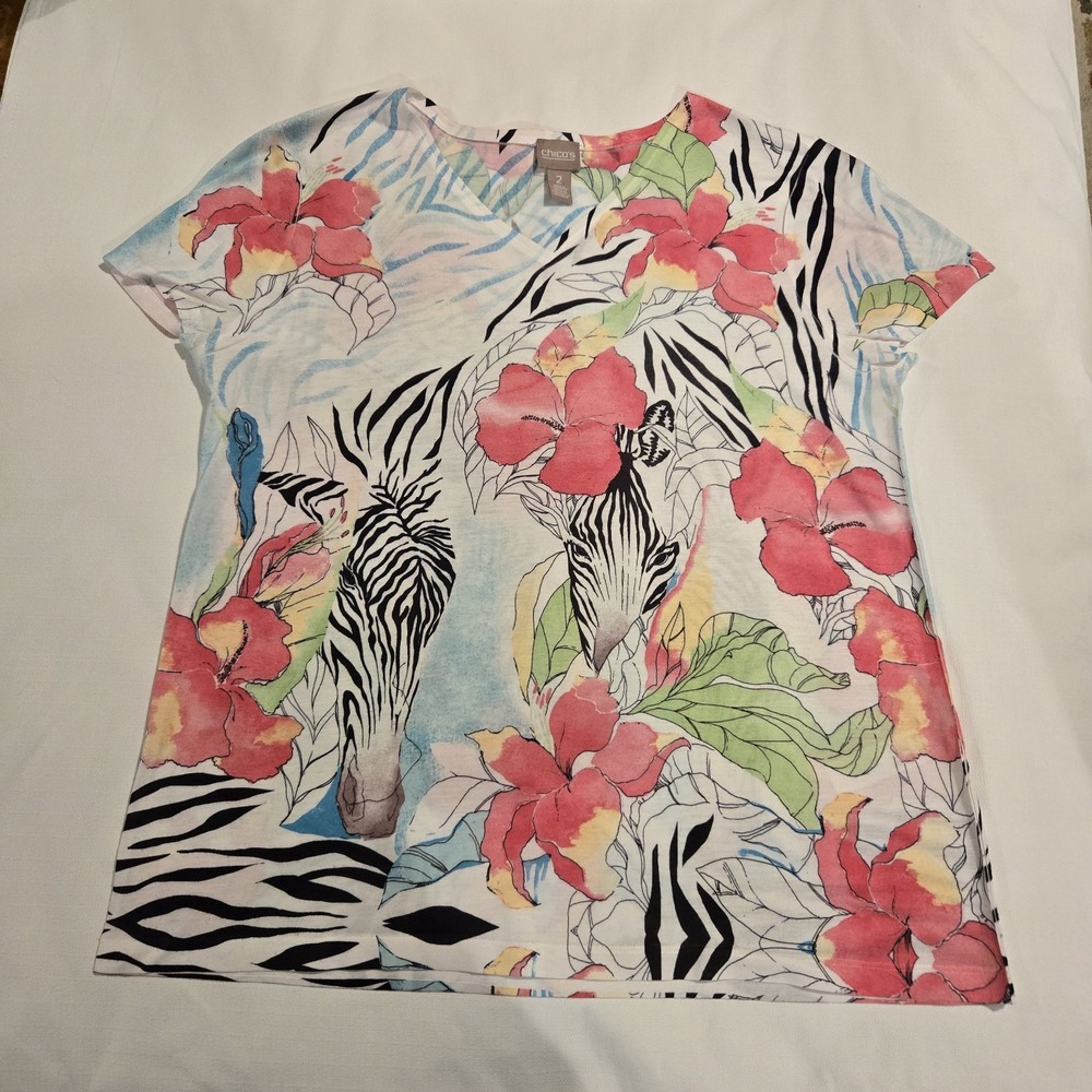 Chicos Ladies Tee Abstract With Zebras Hidden Among The Tropical Flowers Size 2